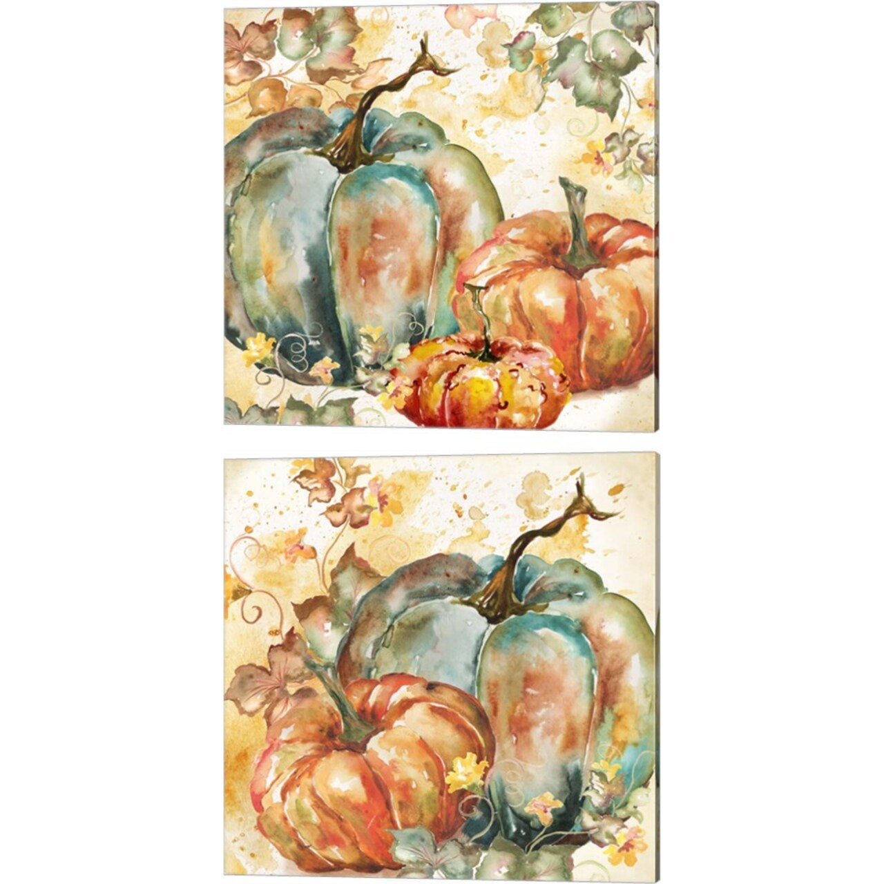 Watercolor Harvest Teal and Orange Pumpkins by Tre Sorelle Studios 14" x 14" Canvas Wall Art (Set of 2)
